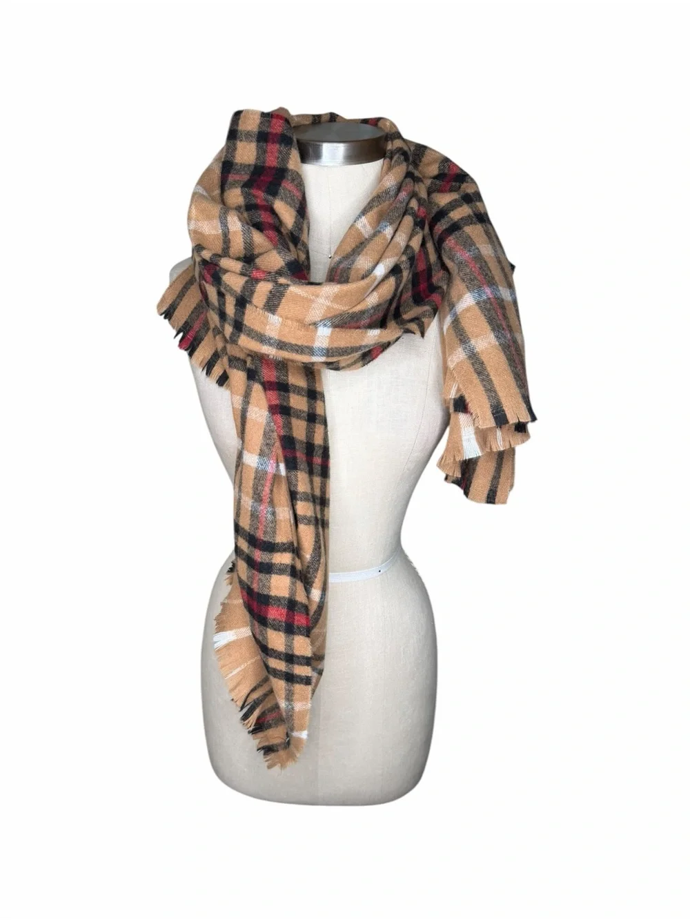 BANANA REPUBLIC‎ FACTORY Camel Plaid Fringe Wrap Scarf with Black & Red Checks